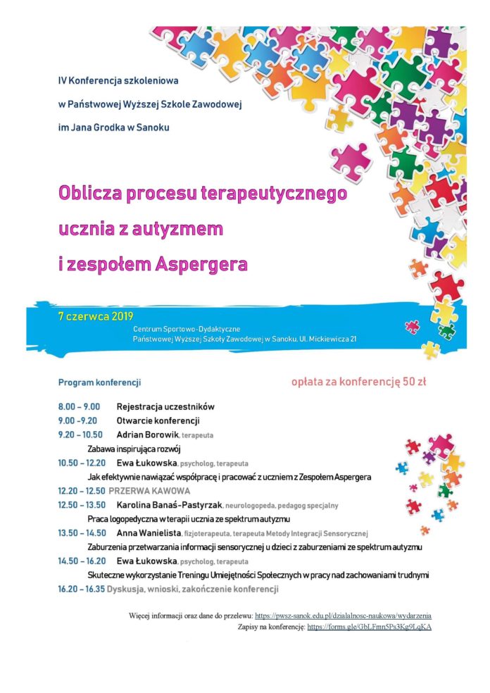 IV Konferencja szkoleniowa - plakat2 Oblicza procesu terapeutycznego ucznia z autyzmem i zespołem Aspergera - zaproszenie na konferencję