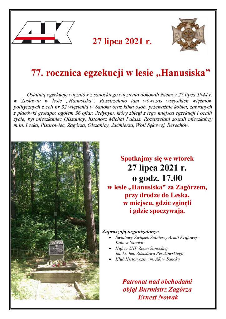 77. rocznica egzekucji w lesie „Hanusiska”