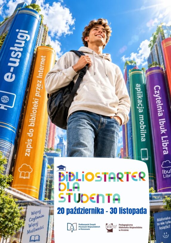 Plakat akcji „BiblioStarter dla Studenta”. Uśmiechnięty student z plecakiem na tle miasta, w którym budynki przypominają kolorowe grzbiety książek.