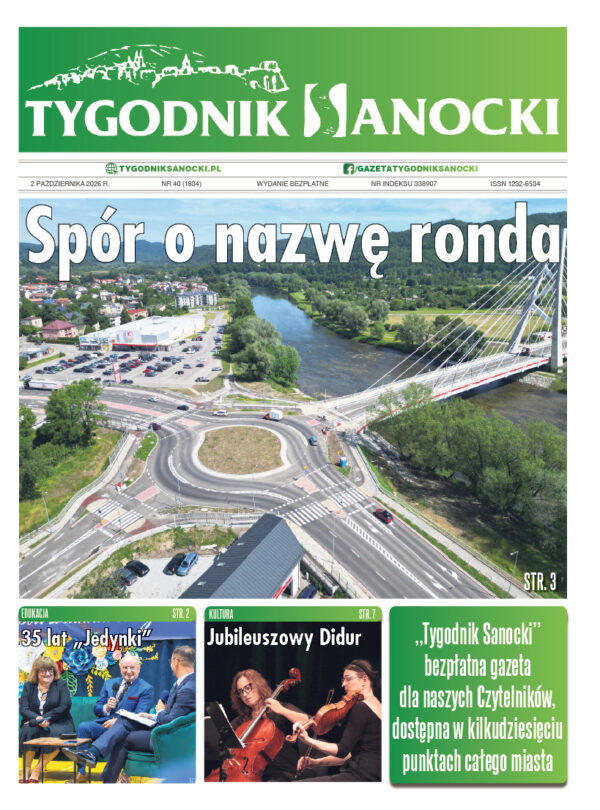 Okładka „Tygodnika Sanockiego” nr 40 z 2 października 2026 r. z fotografią ronda przy Moście Królowej Zofii i tytułem „Spór o nazwę ronda”