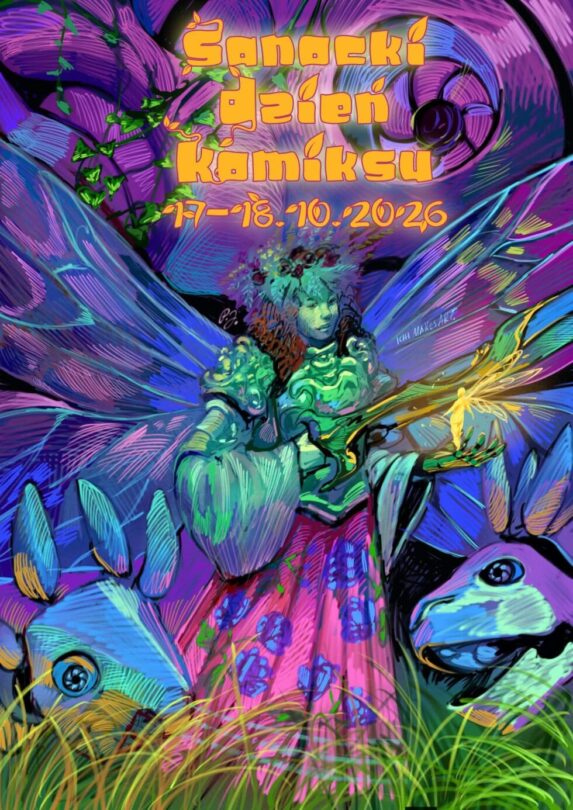 Kolorowy plakat Sanockiego Dnia Komiksu 2026 z fantastyczną postacią otoczoną bujną roślinnością i baśniowymi stworzeniami, utrzymany w odcieniach fioletu, błękitu i zieleni