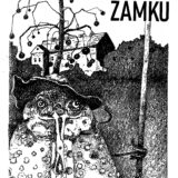 Czarno-biała strona tytułowa komiksu „Tajemnica zamku” Sebastiana Brożyny z fantastyczną postacią w kapeluszu, zamkiem w tle i tytułem u góry
